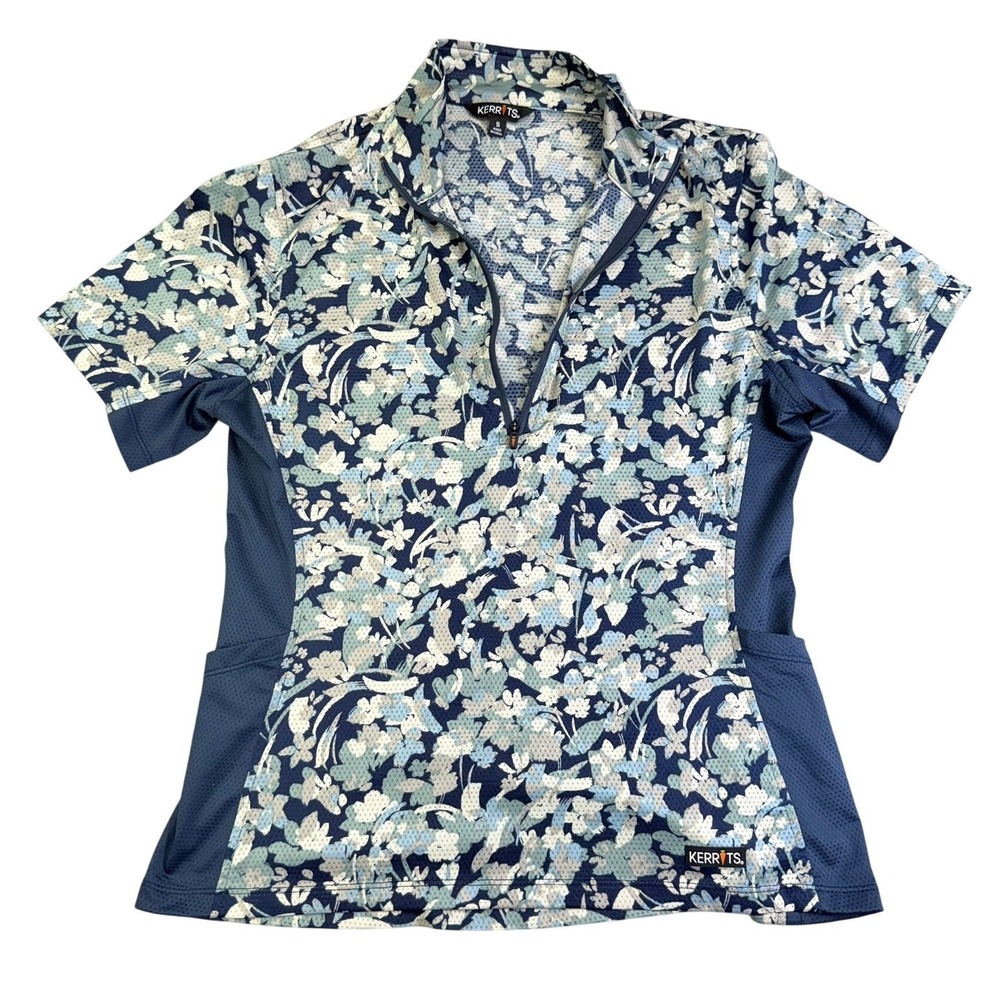 Kerrits Riding Top Women Small Blue Floral Mesh Quarter Zip Equestrian Shirt